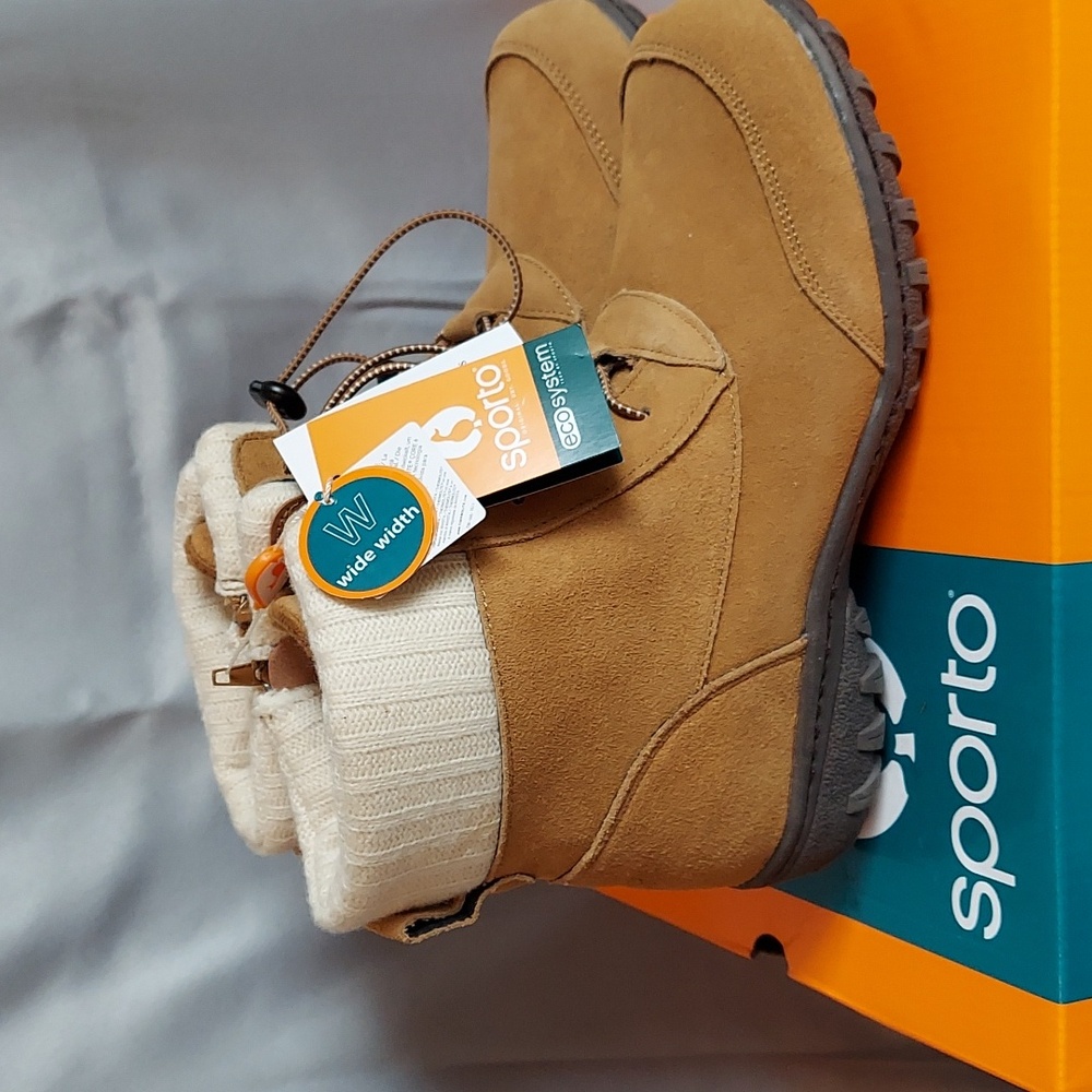 Sporto Boots, Size 10W, Suede Tan, Side Zip, LaceUp, Knit Ankle, Thermolite, New
